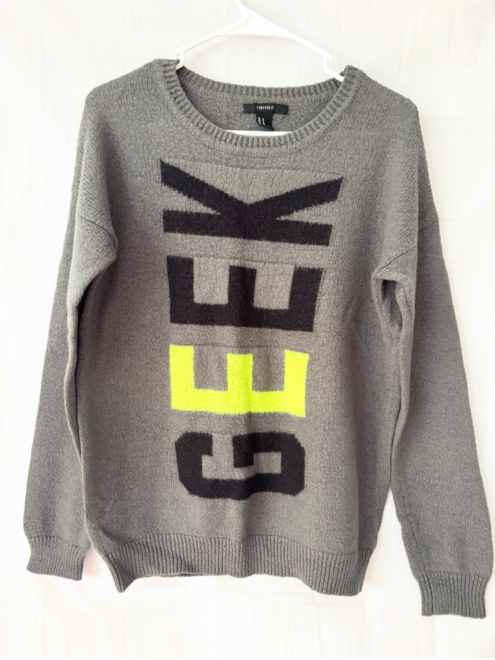 NWOT Forever 21 GreyCool Girl 'GEEK' Sweater Neon Accent SZ M